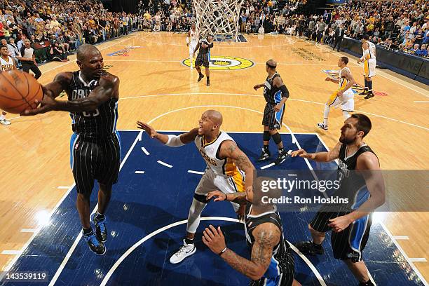 Jason Richardson of the Orlando Magic grabs the rebound against the Indiana Pacers in Game One of the Eastern Conference Quarterfinals during the...