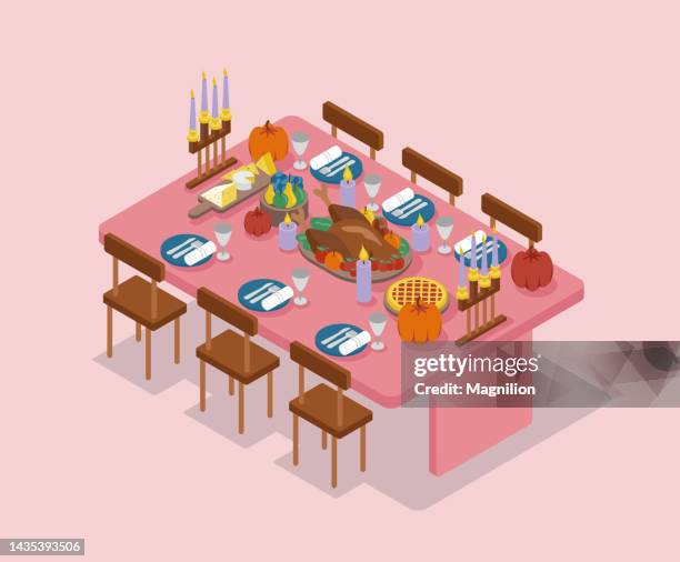 illustrations, cliparts, dessins animés et icônes de thanksgiving day, thanksgiving table vecteur isométrique - prendre son repas