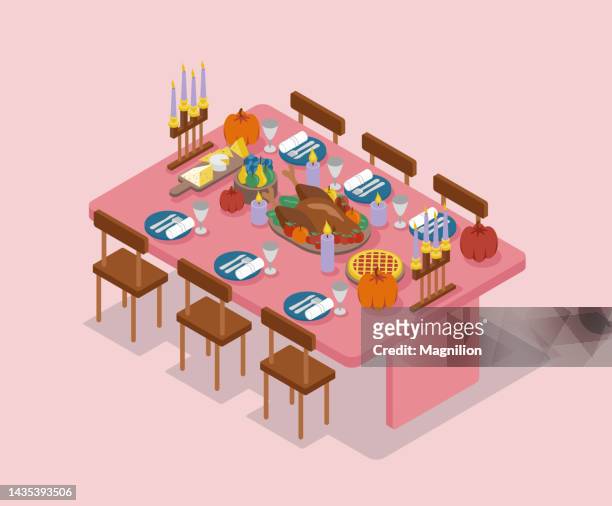 thanksgiving day, thanksgiving table isometric vector - friends dinner stock illustrations
