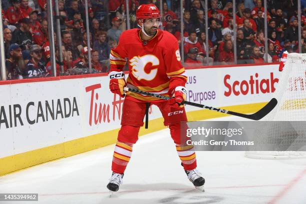 Nazem Kadri of the Calgary Flames awaits the puck against the Buffalo Sabres at Scotiabank Saddledome on October 20, 2022 in Calgary, Alberta, Canada.