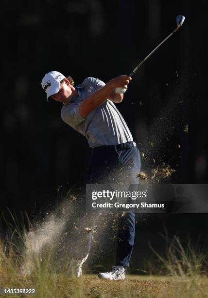 Maverick McNealy of the United States plays a shot on the 13th hole during the second round of the CJ Cup at Congaree Golf Club on October 21, 2022...