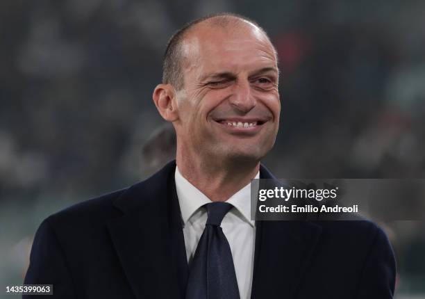 Juventus coach Massimiliano Allegri smiles during the Serie A match between Juventus and Empoli FC at Allianz Stadium on October 21, 2022 in Turin,...