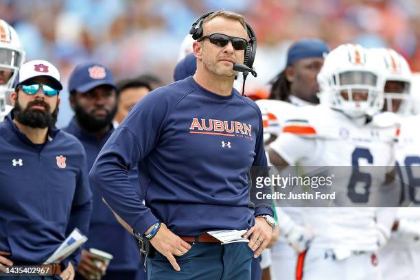 Head coach Bryan Harsin of the Auburn Tigers during the game against the Mississippi Rebels at Vaught-Hemingway Stadium on October 15, 2022 in...
