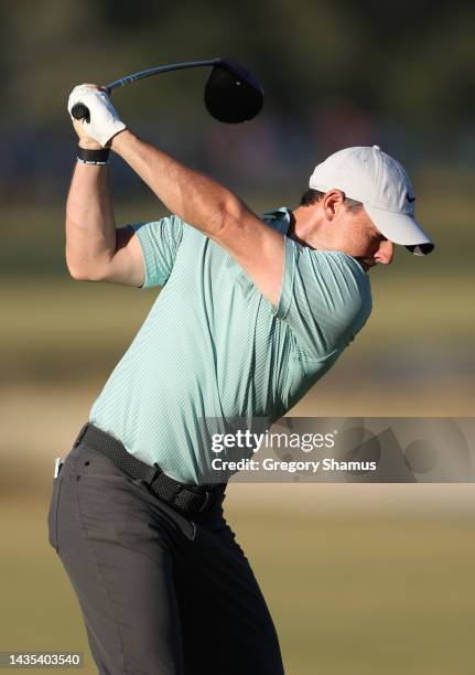 Rory McIlroy of Northern Ireland plays his shot from the 17th tee during the second round of the CJ Cup at Congaree Golf Club on October 21, 2022 in...