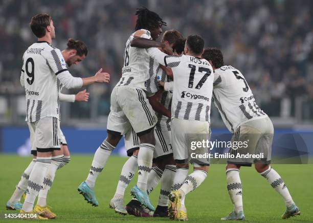 Weston Mckennie of Juventus celebrates his goal with his team-mates during the Serie A match between Juventus and Empoli FC at Allianz Stadium on...