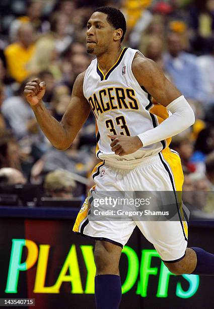 Danny Granger of the Indiana Pacers reacts after making a jump shot against the Orlando Magic in Game One of the Eastern Conference Quarterfinals...