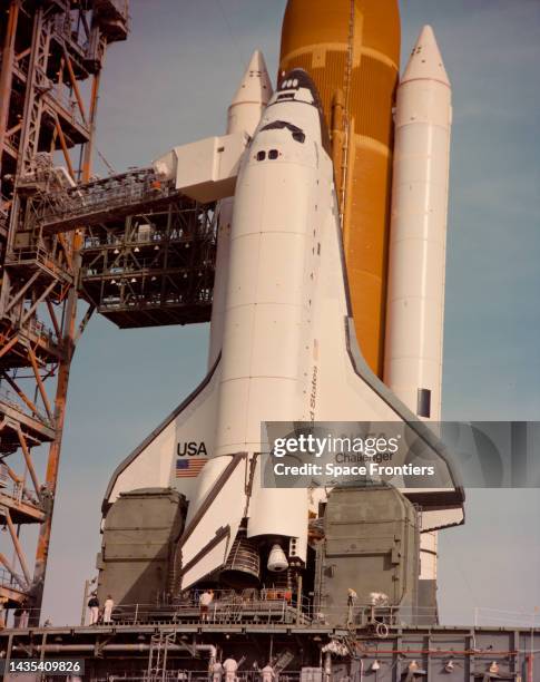Space Shuttle Challenger waiting on Launch Complex 39A at Kennedy Space Center in Florida before its first mission , January 26th, 1983.