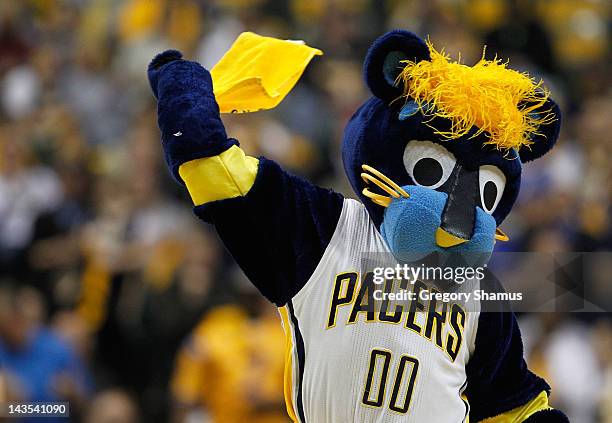 The Indiana Pacers mascot Boomer pumps up fans while playing the Orlando Magic in Game One of the Eastern Conference Quarterfinals during the 2012...