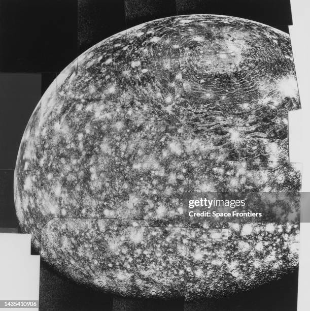 Photomosaic of Callisto, Jupiter's second-largest moon, assembled from pictures taken by the Space Shuttle Voyager on March 6th, 1979. The images...