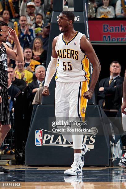 Roy Hibbert of the Indiana Pacers shows emotion during the game against the Orlando Magic in Game One of the Eastern Conference Quarterfinals during...