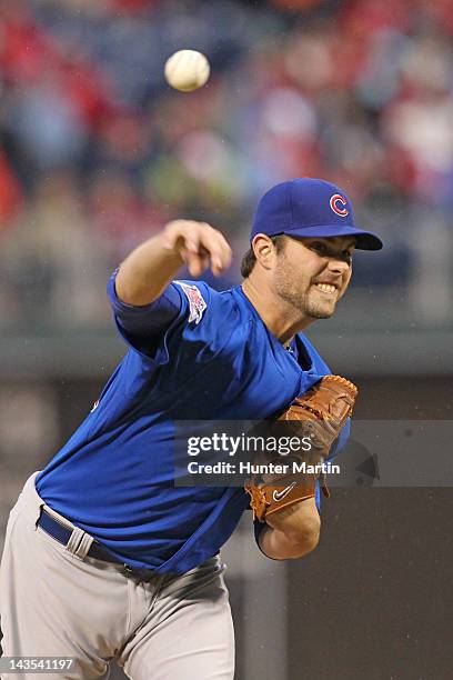 Starting pitcher Randy Wells of the Chicago Cubs throws a pitch during a game against the Philadelphia Phillies at Citizens Bank Park on April 28,...