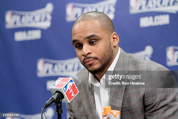 Jameer Nelson of the Orlando Magic talks to the media after the game against the Indiana Pacers in Game One of the Eastern Conference Quarterfinals...