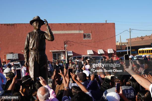 Statue of Emmett Till is unveiled on October 21, 2022 in Greenwood, Mississippi. 14-year old Emmett Till, a Black teenager in town from Chicago...