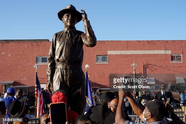 Statue of Emmett Till is unveiled on October 21, 2022 in Greenwood, Mississippi. 14-year old Emmett Till, a Black teenager in town from Chicago...