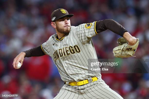 Joe Musgrove of the San Diego Padres pitches during the first inning against the Philadelphia Phillies in game three of the National League...