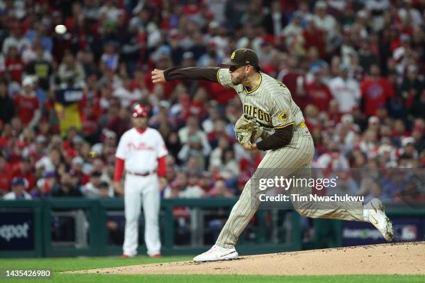 Joe Musgrove of the San Diego Padres pitches during the first inning against the Philadelphia Phillies in game three of the National League...