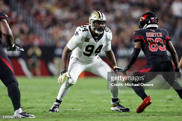 Cameron Jordan of the New Orleans Saints defends during an NFL football game between the Arizona Cardinals and the New Orleans Saints at State Farm...