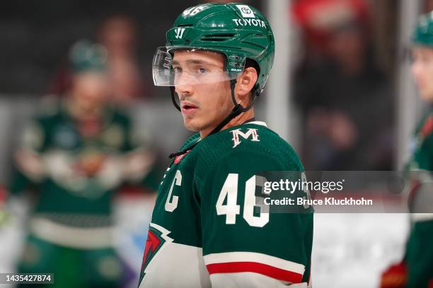 Jared Spurgeon of the Minnesota Wild warms up prior to the game against the Los Angeles Kings at the Xcel Energy Center on October 15, 2022 in Saint...