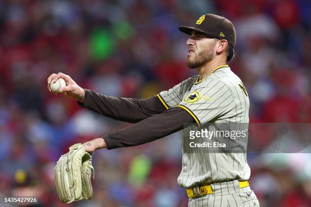 Joe Musgrove of the San Diego Padres reacts after allowing a first inning home run to Kyle Schwarber of the Philadelphia Phillies in game three of...