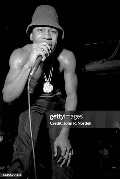 American rapper, songwriter, record producer, and actor LL Cool J, performs on stage in Boston, Massachusetts in December 1985.