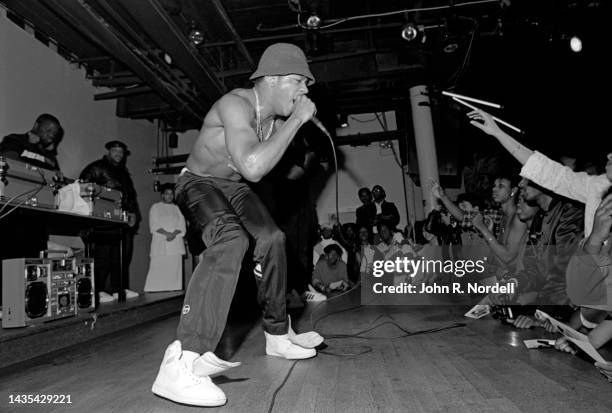 American rapper, songwriter, record producer, and actor LL Cool J, performs on stage in Boston, Massachusetts in December 1985.