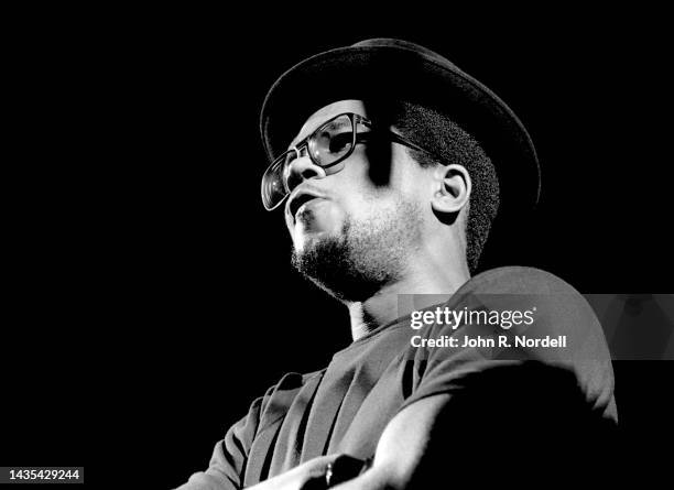 American rapper Darryl "DMC" McDaniels, of the American hip hop group Run-D.M.C, performs on stage during the 1985 Fresh Fest at the Providence Civic...