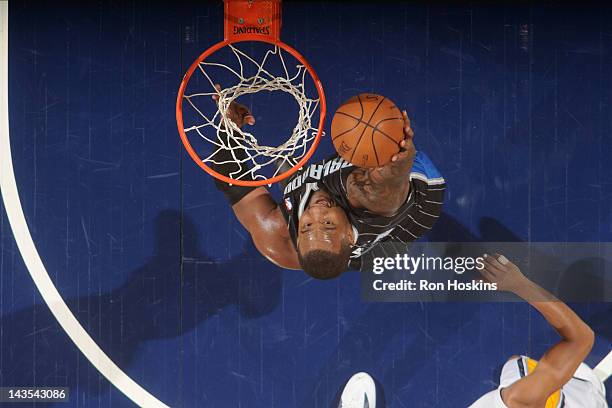 Glen Davis of the Orlando Magic drives to the basket against the Indiana Pacers in Game One of the Eastern Conference Quarterfinals during the 2012...
