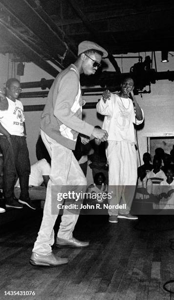 English American rapper and record producer Slick Rick and Barbados-born American rapper, record producer, and beatboxer Doug E. Fresh, perform on...