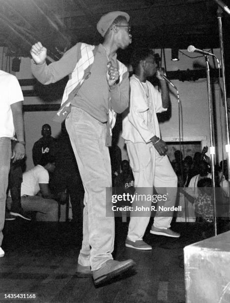 English American rapper and record producer Slick Rick and Barbados-born American rapper, record producer, and beatboxer Doug E. Fresh, perform on...