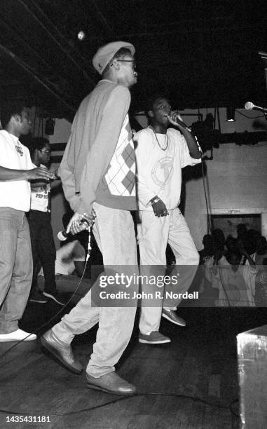 English American rapper and record producer Slick Rick and Barbados-born American rapper, record producer, and beatboxer Doug E. Fresh, perform on...