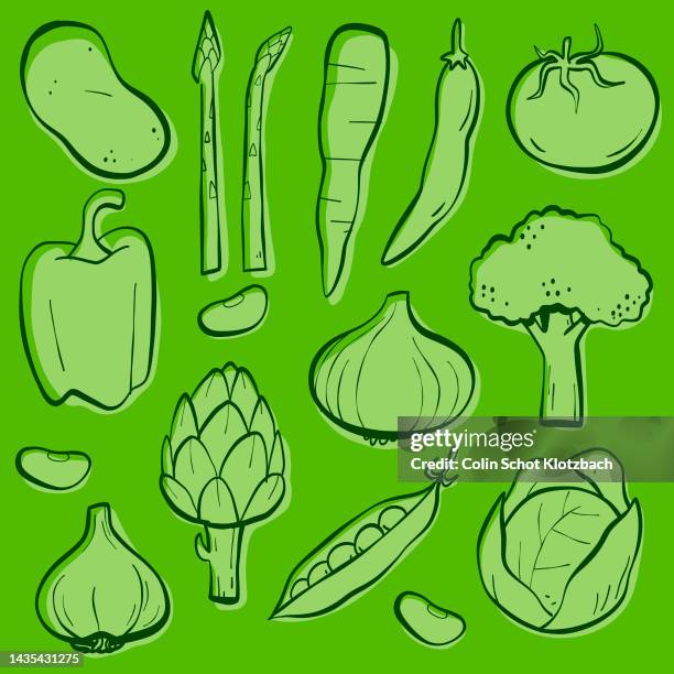 vegetable doodles - broccoli stock illustrations