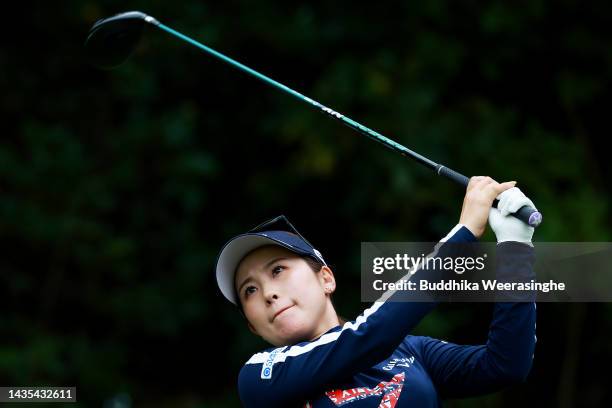 Yuna Nishimura of Japan plays her shot from the second tee during the third round of the Nobuta Group Masters GC Ladies at Masters Golf Club on...