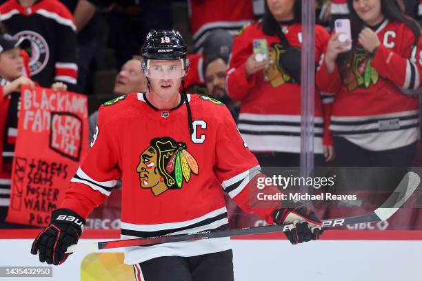 Jonathan Toews of the Chicago Blackhawks looks on prior to the game against the Detroit Red Wings at United Center on October 21, 2022 in Chicago,...