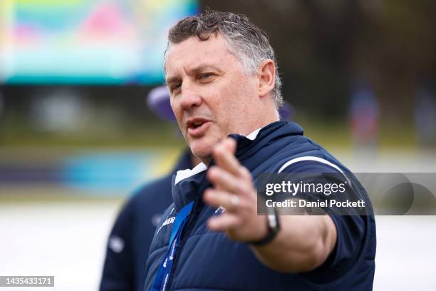 David Hussey speaks to players before the Marsh One Day Cup match between Victoria and Western Australia at CitiPower Centre, on October 22 in...