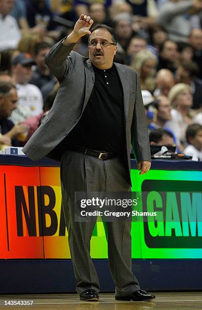 Head coach Stan Van Gundy of the Orlando Magic calls a play while playing the Indiana Pacers in Game One of the Eastern Conference Quarterfinals...