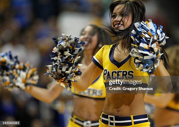 Member of the Indiana Pacemates performs during a timeout during a game between Indiana Pacers and Orlando Magic in Game One of the Eastern...