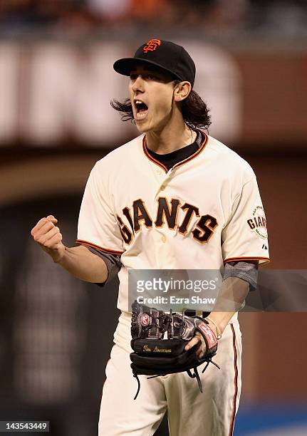 Tim Lincecum of the San Francisco Giants reacts after the end of the eighth inning of their game against the San Diego Padres at AT&T Park on April...