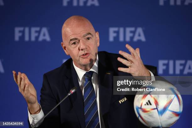 President, Gianni Infantino speaks to the media during the FIFA Council press conference at the Park Hyatt on October 22, 2022 in Auckland, New...