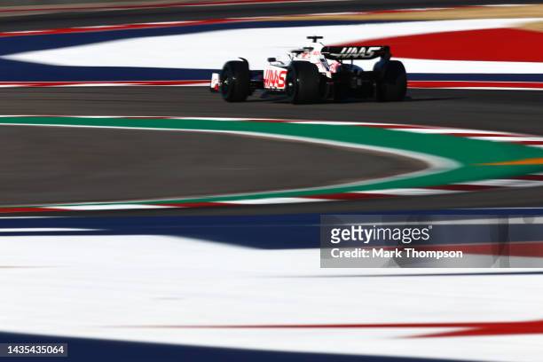 Kevin Magnussen of Denmark driving the Haas F1 VF-22 Ferrari on track during practice ahead of the F1 Grand Prix of USA at Circuit of The Americas on...