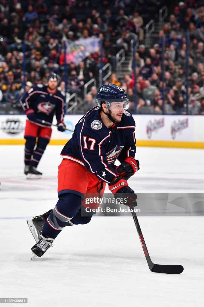 Justin Danforth of the Columbus Blue Jackets skates with the puck ...