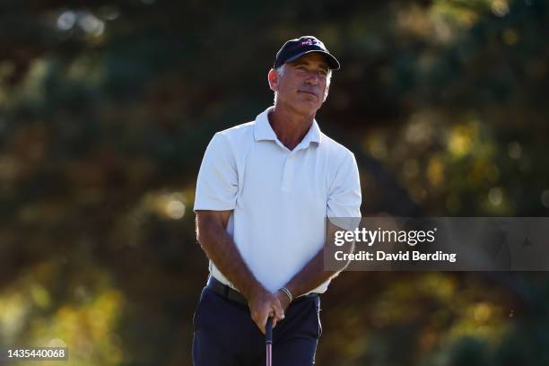 Corey Pavin of the United States watches his tee shot on the ninth hole during the first round of the Dominion Energy Charity Classic at The Country...