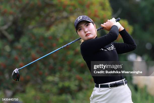 Sayaka Takahashi of Japan plays her shot from the third tee during the third round of the Nobuta Group Masters GC Ladies at Masters Golf Club on...
