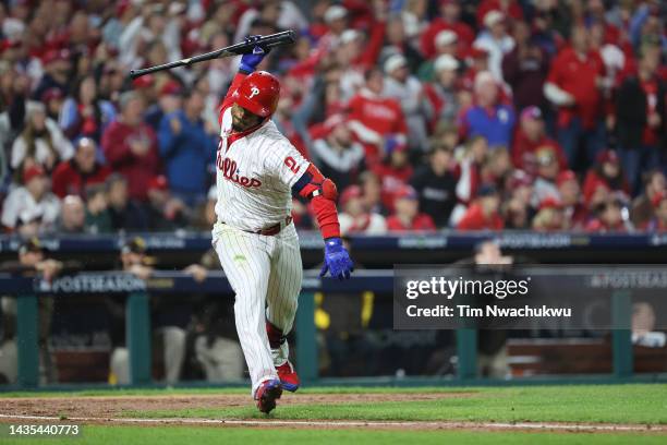 Jean Segura of the Philadelphia Phillies celebrates after hitting a two-run RBI single during the fourth inning against the San Diego Padres in game...