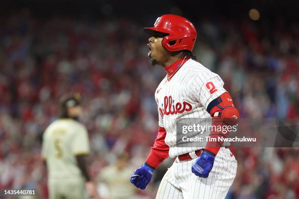 Jean Segura of the Philadelphia Phillies celebrates after hitting a two-run RBI single during the fourth inning against the San Diego Padres in game...