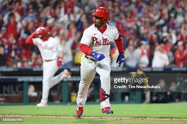 Jean Segura of the Philadelphia Phillies runs after hitting a two-run RBI single during the fourth inning against the San Diego Padres in game three...