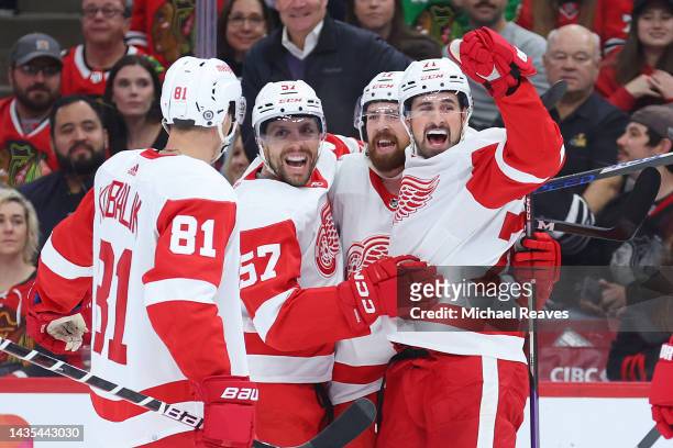 Dylan Larkin of the Detroit Red Wings celebrates a goal against the Chicago Blackhawks during the first period at United Center on October 21, 2022...