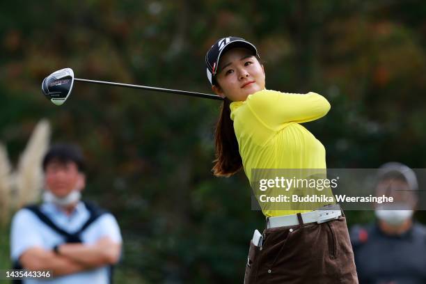 Haruka Kawasaki of Japan plays her shot from the third tee during the third round of the Nobuta Group Masters GC Ladies at Masters Golf Club on...