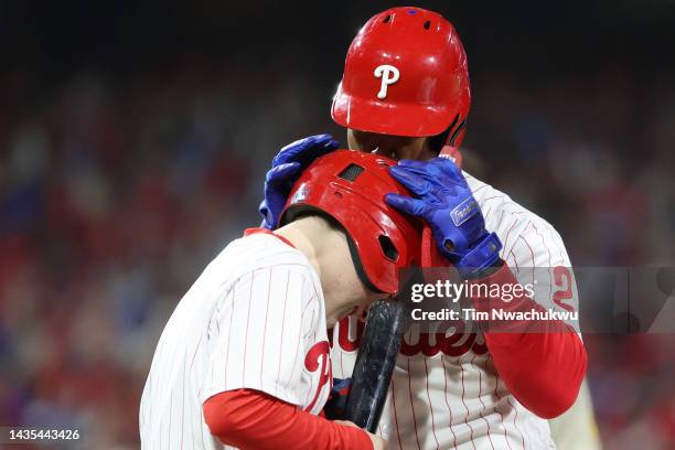 Jean Segura of the Philadelphia Phillies celebrates after hitting a two-run RBI single during the fourth inning against the San Diego Padres in game...