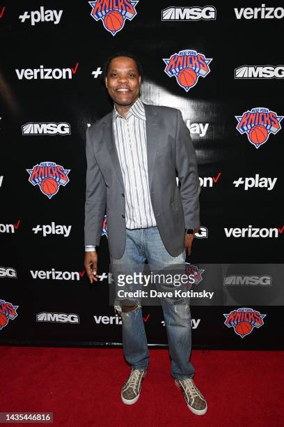 Latrell Sprewell attends the Verizon +play Red Carpet at Madison Square Garden for the New York Knicks home opener on October 21, 2022 in New York...