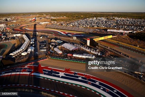 An aerial view over the circuit during practice ahead of the F1 Grand Prix of USA at Circuit of The Americas on October 21, 2022 in Austin, Texas....